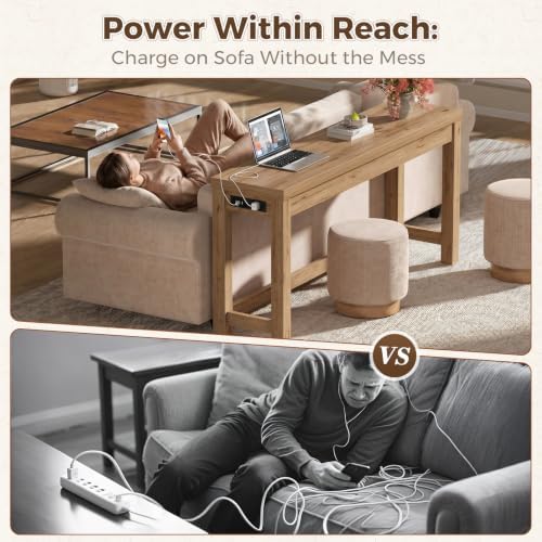 Cyclysio 63" Console Table with 2 AC Outlets & 3 USB Ports, Natural Oak