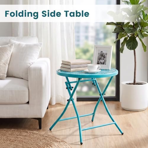 TeoKJ Folding Outdoor Side Table, No Assembly Patio Table with Cutouts