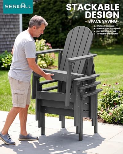 SERWALL HDPE Stackable Adirondack Chairs Set of 4,Space-Saving, Grey