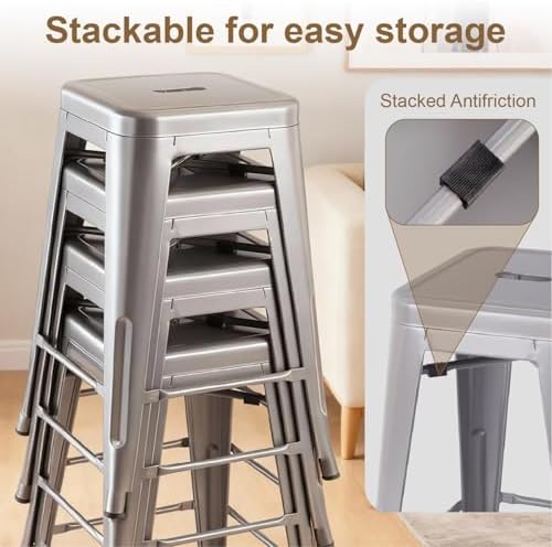 VENI HOME Stackable Metal Bar Stool Backless Indoor-Outdoor Counter Stools Fullmetal Dinning Chairs Set of 4 (Grey, 30 Inch)