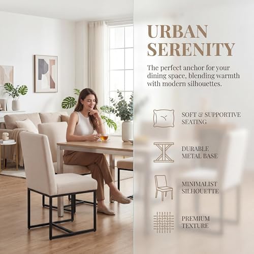 HNY Modern Dining Chairs Set of 4, Upholstered Linen Dining Room Chairs with Ergonomic Back & Metal Frame for Home, Kitchen, Apartment, Cream