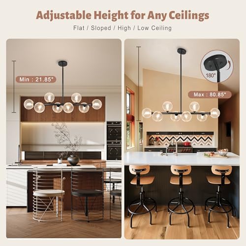 Clear Ribbed Glass Globe Chandelier, 8-Light Bubble Dining Room Chandelier 37" Black Modern Chandelier Sputnik Chandeliers Mid Century Linear Chandeliers for Dining Room Kitchen Island