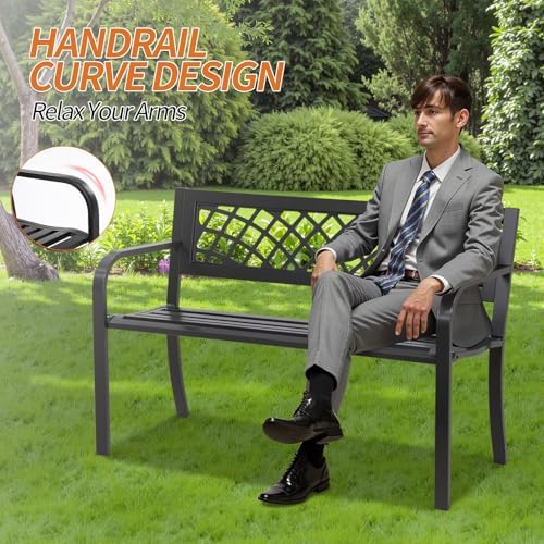 Outdoor Bench,Patio Garden Benches,Metal Weatherproof Porch Bench with Grid-Patterned Backrest and Armrest for Park Courtyard Porch,Bearing Capacity 480lbs,Black