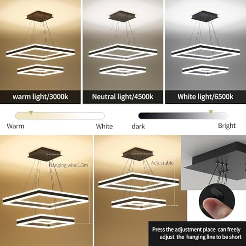 Modern LED Chandelier, 2-Light Black Ceiling Chandelier Pro for Dining Room Light Fixtures Hanging Color Temperature and Height Adjustable Chandeliers for Living Room, Bedroom, Kitchen 15.7+23.6IN