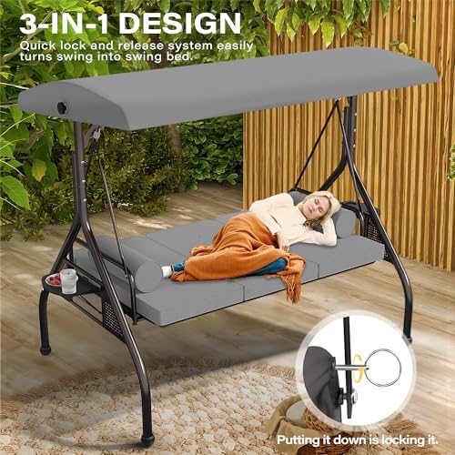 SUNCROWN Outdoor 3 in 1 Porch Swing Chair, 3 Seat Patio Swing Glider with Adjustable Canopy, Heavy Duty Swings with Thickened Cushions, Pillows & Cup Holders for Backyard, Porch, Garden,Grey