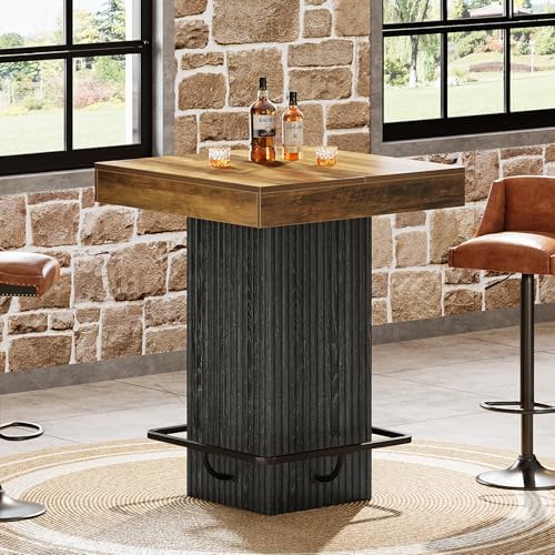 Tribesigns Square Bar Table, Kitchen Dining Table, Industrial Counter Height Pub Cocktail Table Home Bar Unit with Metal Footrest for Dining Room, Tavern, Coffee Corner, Bistro, Rustic Brown