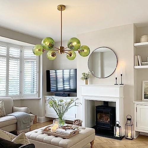 BOKT Green Glass Ball Pendant Light Mid Century Modern Gold 6-Lights Globe Sputnik Chandelier Light Fixture Brushed Brass Chandelier Pendant Light for Kitchen Island Dining Room