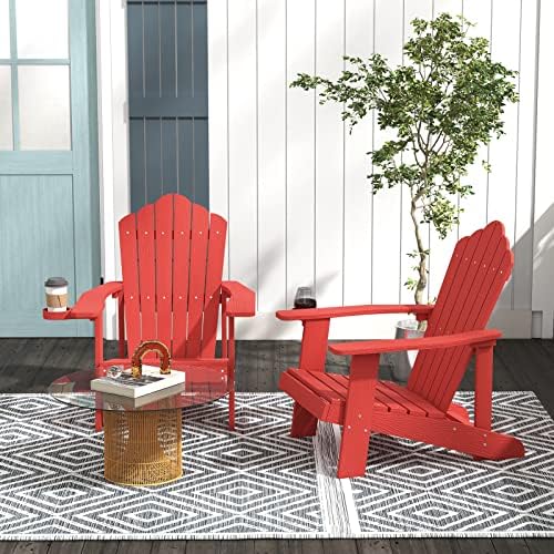 Tangkula Oversized Adirondack Chair, Patio Lounge Chairs w/Adjustable Cup Holder, HIPS Armchairs Slatted Chair, Outdoor Weather Resistant Fire Pit Chair for Deck Backyard Garden Porch (1, Red)