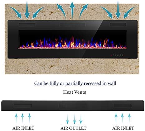 R.W.FLAME 60" Recessed and Wall Mounted Electric Fireplace, Low Noise, Fit for 2 x 6 Stud, Remote Control with Timer, Touch Screen, Adjustable Flame Color and Speed, 750-1500W