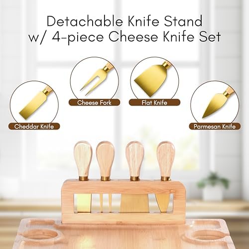 Charcuterie Picnic Table with Wine Glass Holder, Portable Wine & Cheese Board, 4-Piece Cheese Knife Set (Gold) w/Detachable Knife Stand, Bamboo Charcuterie Table, Hosting & Wine Gift