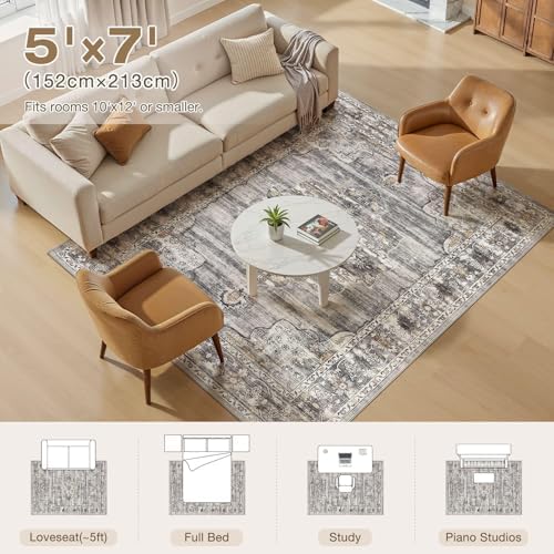 Vintage Washable 5x7 Area Rug, Non-Slip Indoor Carpet, Grey