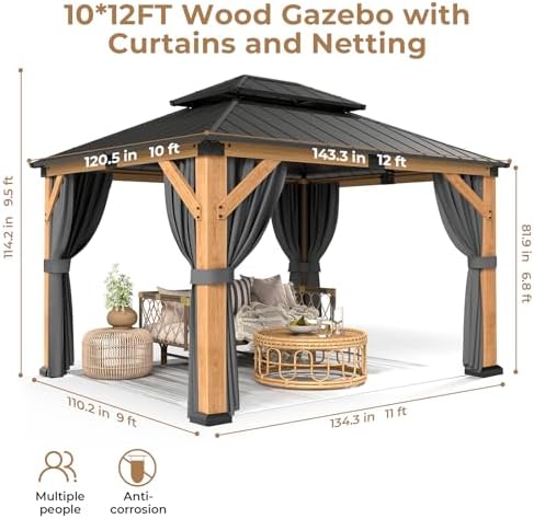 Jocoevol 10' X 12' Wood Gazebo Cedar Wooden Hardtop with Curtains & Netting