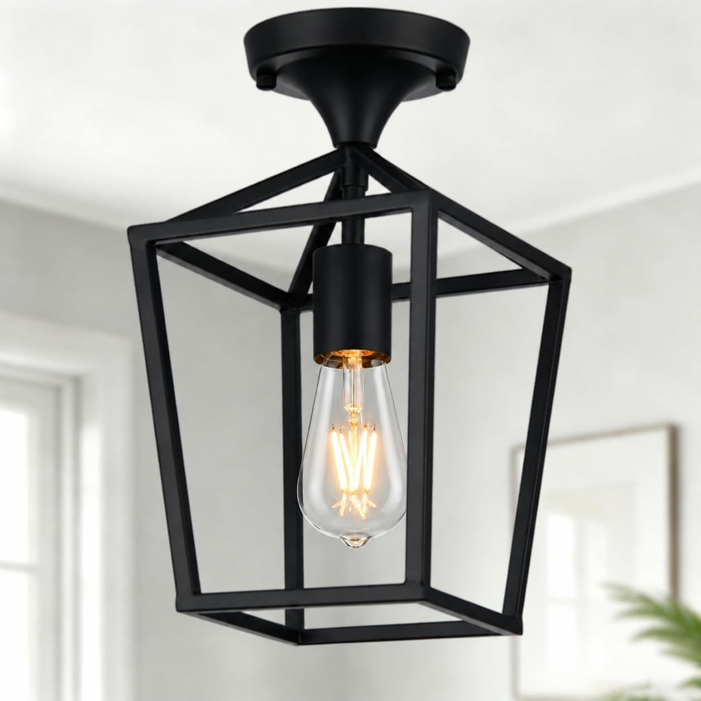Flush Mount Ceiling Light Fixture, Matte Black Industrial Farmhouse Cage