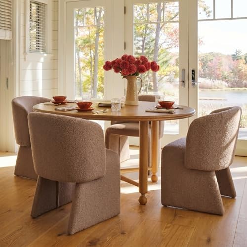 NORDICANA Barrel Dining Room Chairs with Arms, Faux Fur Accent Chairs Set of 4, for Kitchen, Living Room, Upholstered Armchairs, Brown
