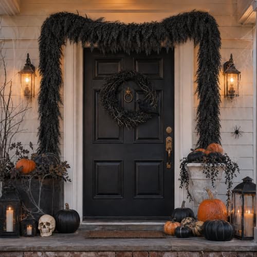 Black Halloween Mantle Garland Decor Gothic Garlands for Decorations 6Ft Fireplace Indoor Home Fall Decoration