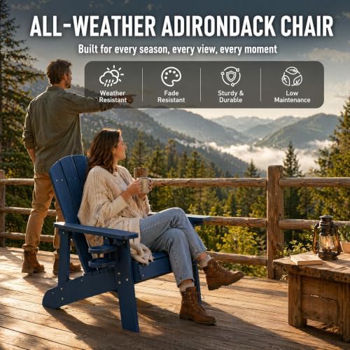 Adirondack Chairs Set of 2, Outdoor Adirondack Chair with Cup Holder, HDPE Patio Chairs, Waterproof, Fade-Proof Fire Pit Chairs for Yard & Garden, Blue