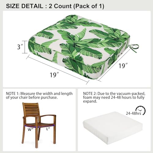 19x19x3 Inch Outdoor Square Corner Chair Cushions with Ties Set of 2, Water & Fade Resistant Thick Seat Cushion Pads for Garden Patio Dining Porch Furniture - Green Leaves White