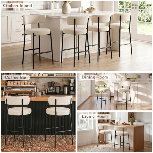 Furniliving 28'' Bar Stools Set of 2, Modern Boucle Counter Height Bar Stools with Ergonomic Curved Back, Upholstered Kitchen Stools, Barstools for Kitchen Island, Bar, Cafe, White