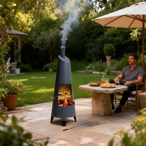 SUNJOY 57 Inch 2-in-1 Chiminea Fire Pit & Grill - Grey Metal Outdoor Chiminea with Removable Stainless Steel Grill Grate, PVC Cover, and Mesh Safety Screen Door