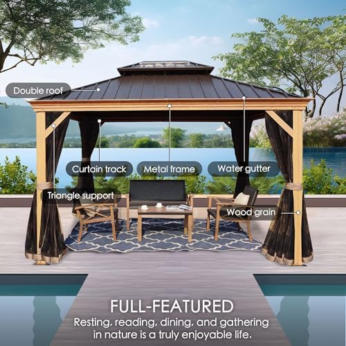 Kozyard Apollo 10’x12’ Hardtop Gazebo, Wooden Coated Aluminum Frame Canopy