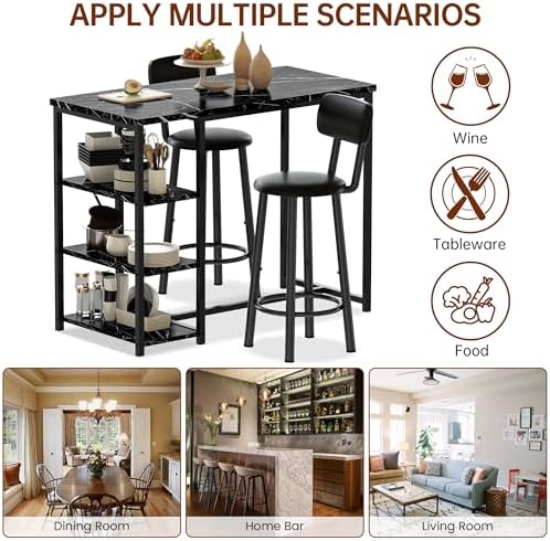 Recaceik Pub Dining Table Set for 2, Table and Bar Stools with 3 Storage Shelves, MDF Board & PU Leather Backrest Chairs, 3 Piece Dining Set for Small Space, Apartment, Kitchen Island, Black
