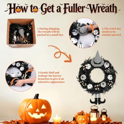Grooy 24 Inch Halloween Wreath for Front Door with Striped Hat, Legs