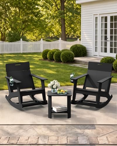 Ciokea Outdoor Rocking Chair with Pull-Out Footrest, Solid Backrest, Black