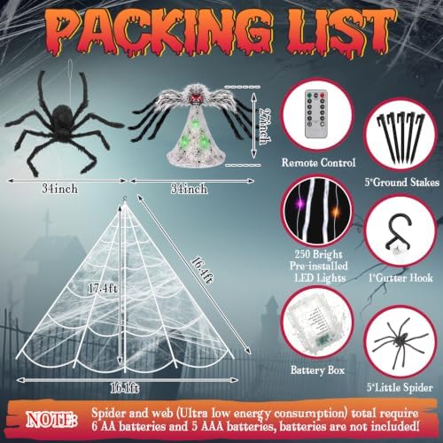 Halloween Spider Web Lights Decor+2 Animatronic 34'' Jumping Spider, Gray