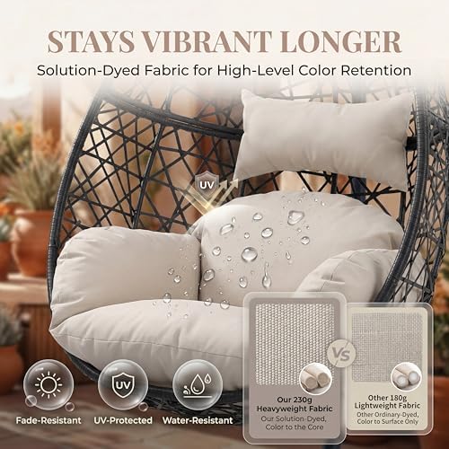 NICESOUL Oversized Patio Swing Egg Chair, Rattan Outdoor Indoor Hanging Egg Chair with Stand, Cozy Bird Cage Swinging Basket Chairs, 350 lbs Egg-Shape Padded Seat for Balcony Outside, Beige
