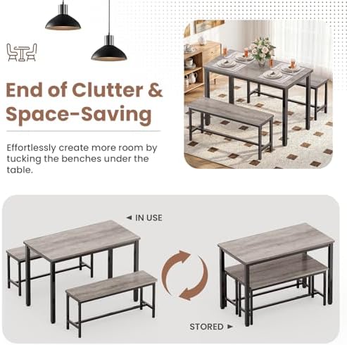Dining Table Set for 4, 3 Piece Dining Room Table Set for Space-Saving, Modern Kitchen Table with 2 Benchs for Apartment Breakfast Nook and Samll Space, Grey