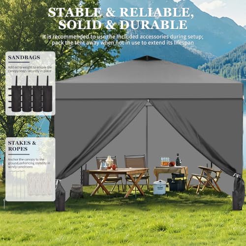 10x10ft Pop-Up Canopy Tent with 4 Side Walls — Easy Setup, Outdoor Portable Gazebo with 4 Ropes, 8 Stakes, 4 Sandbags and Handbag, for Patio, Camping and Picnic, Gray