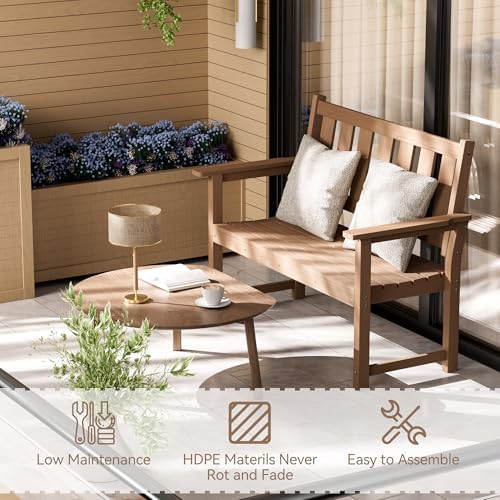 50" HDPE Outdoor Bench Weatherproof Patio Seating, Mocha Brown