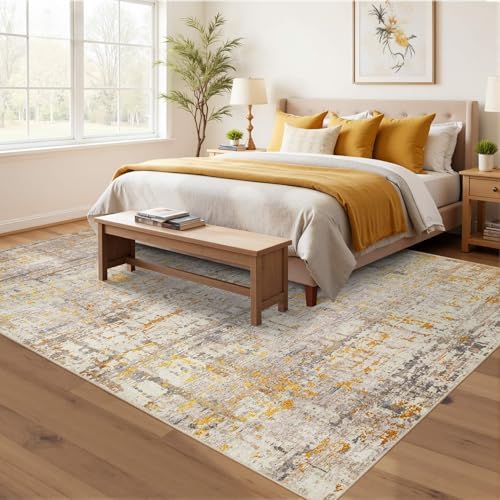 5x7 Neutral Abstract Area Rug, Beige Gold Carpet for Living Bedroom Dining
