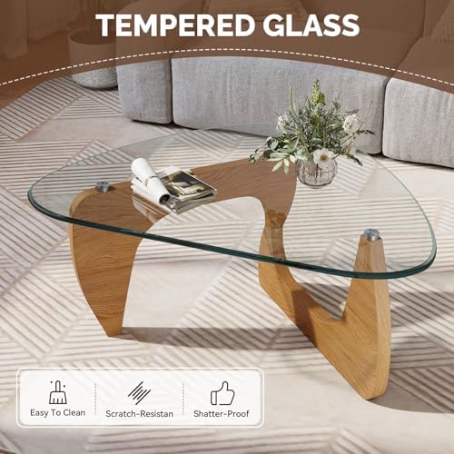 Modern Glass Coffee Table, Triangle Center Table with Tempered Glass Top& Unique Wooden Base, 35.5” Mid Century Tea Tables for Living Room, Apartment, Office,Wood &Transparent
