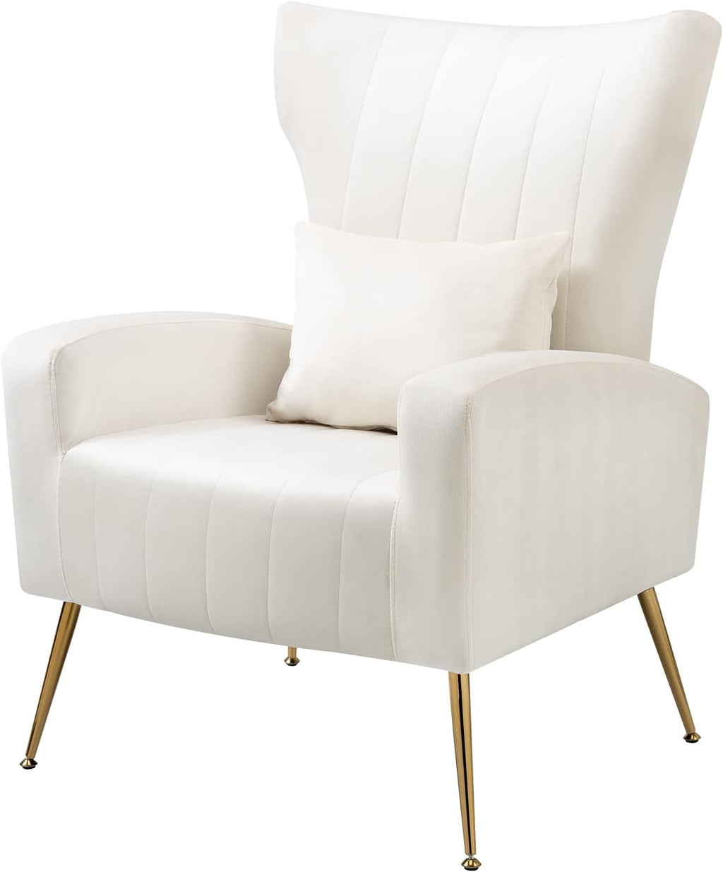 ZJhome Modern Living Room Chairs Velvet Accent Chair Armchair with Lumbar Pillow, High Back Bedroom Chairs Vanity Chair Barrel Chair Arm Chair with Gold Legs, White