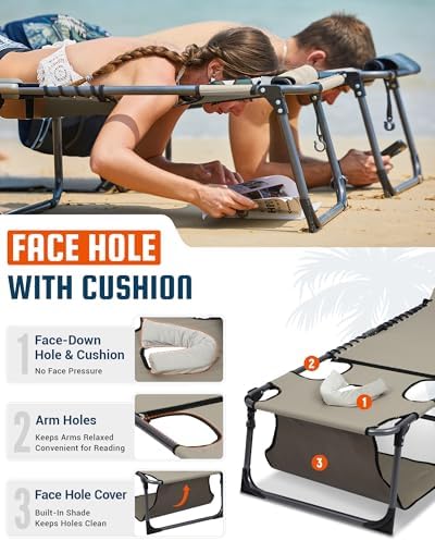 KingCamp 400LBS Lounge Chair with Face Hole & Canopy Shade, Beige 1‑Pack