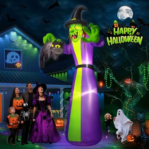 zukakii 12FT Giant Halloween Inflatables Witch Outdoor Decorations, Huge Halloween Blow Up Spooky Witch Grabbing Black Cat Yard Decoration Built-in LEDs & Strong Blower Large Tall for Lawn Party