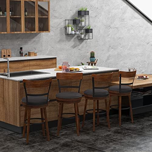 GIANTEX Bar Stools Set of 2-25.5" Counter Height Swivel Rubber Wood Barstools with Soft Padded Seat Cushions, Footrests, Easy Assembly Armless Farmhouse Kitchen Island Bar Chairs with Back, Brown