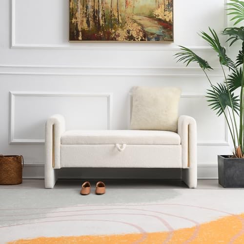 52" Upholstered Storage Bench, White, Armrests, Wood Frame