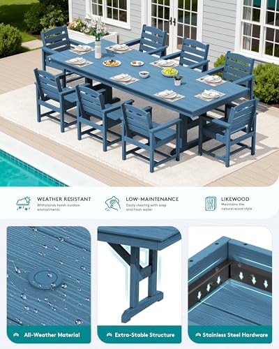 SERWALL 9Pcs 84" HDPE Outdoor Dining Set for 8 with Armchairs,Blue