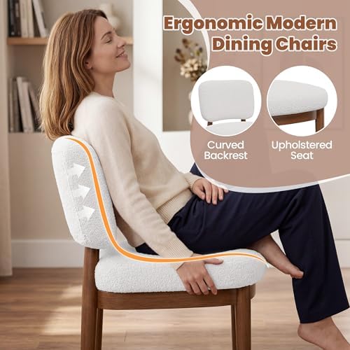 Wooden Dining Chairs Set of 6, Boucle Upholstered Kitchen Chairs with Solid Wood Legs, Mid Century Modern Dining Chairs, Farmhouse Side Chair with Hardwood Frame for Dining Room, White