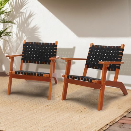 VINGLI Outdoor Armchair, Wooden Adirondack Chair All-Weather Wooden Patio Chair with Waterproof PE Woven Fabric, Porch Chair for Garden, Lawn and Poolside (2, Black and Brown)
