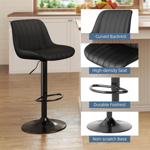 Youhauchair Adjustable Faux Leather Bar Stools Set of 3, Black