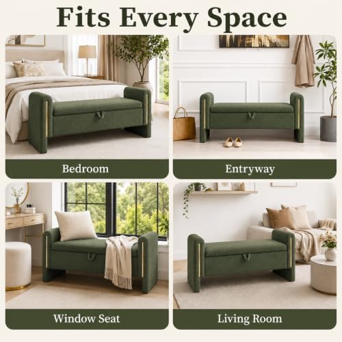 52" Upholstered Storage Bench, Green, Armrests, Wood Frame