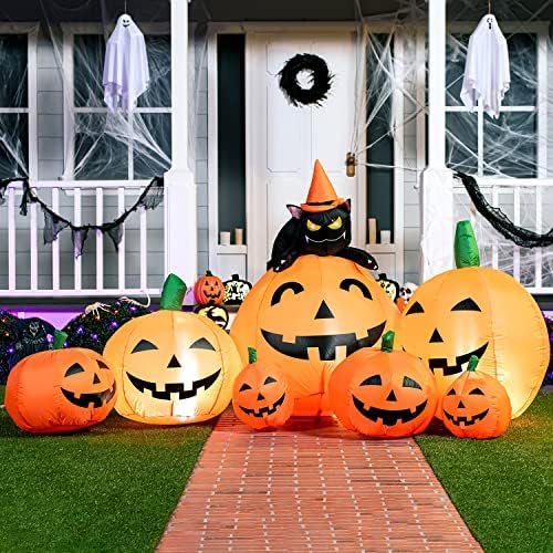Joiedomi 7 FT Long Halloween Inflatables Pumpkin Outdoor Decorations, 7 Pumpkins Outside Decoration with Witch's Cat with Build-in LEDs Blow Up Inflatables for Party Yard Lawn Garden Decor