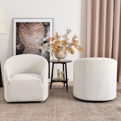 KINWELL 32" Wide No Assembly Boucle Swivel Barrel Chairs Set of 2, White