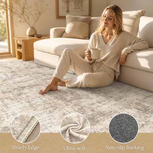 cotiled 9x12 Area Rug for Living Room: Washable Soft Abstract Rugs Beige