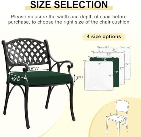 downluxe Waterproof Outdoor Chair Cushions Set of 2, 19" x 19" x 3" Patio Chair Cushion with Non-Slip Ties & Handle, Square Outdoor Cushion for Patio Furniture with Removable Cover, Forest Green