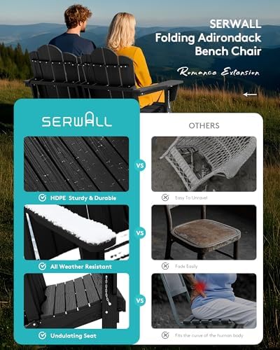 SERWALL Folding Adirondack Bench, HDPE Outdoor Bench, 660lbs Cap, Black