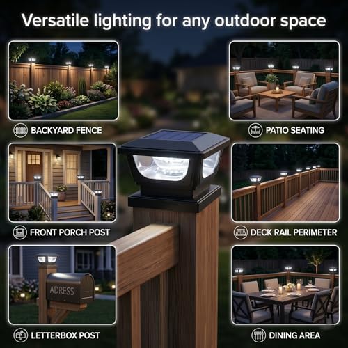 Solar Post Cap Lights 6 Pack, IP65 Waterproof 120LM 6500K Cool White Black